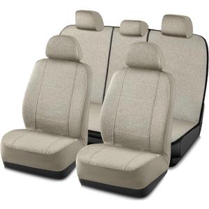 Road Comforts Full Set Car Seat Covers Front Rear Seat Cover Low Back, Flax Seat Protector, Airbag Compatible, Universal Fits for Most Cars, Truck, SUV, Vans Beige