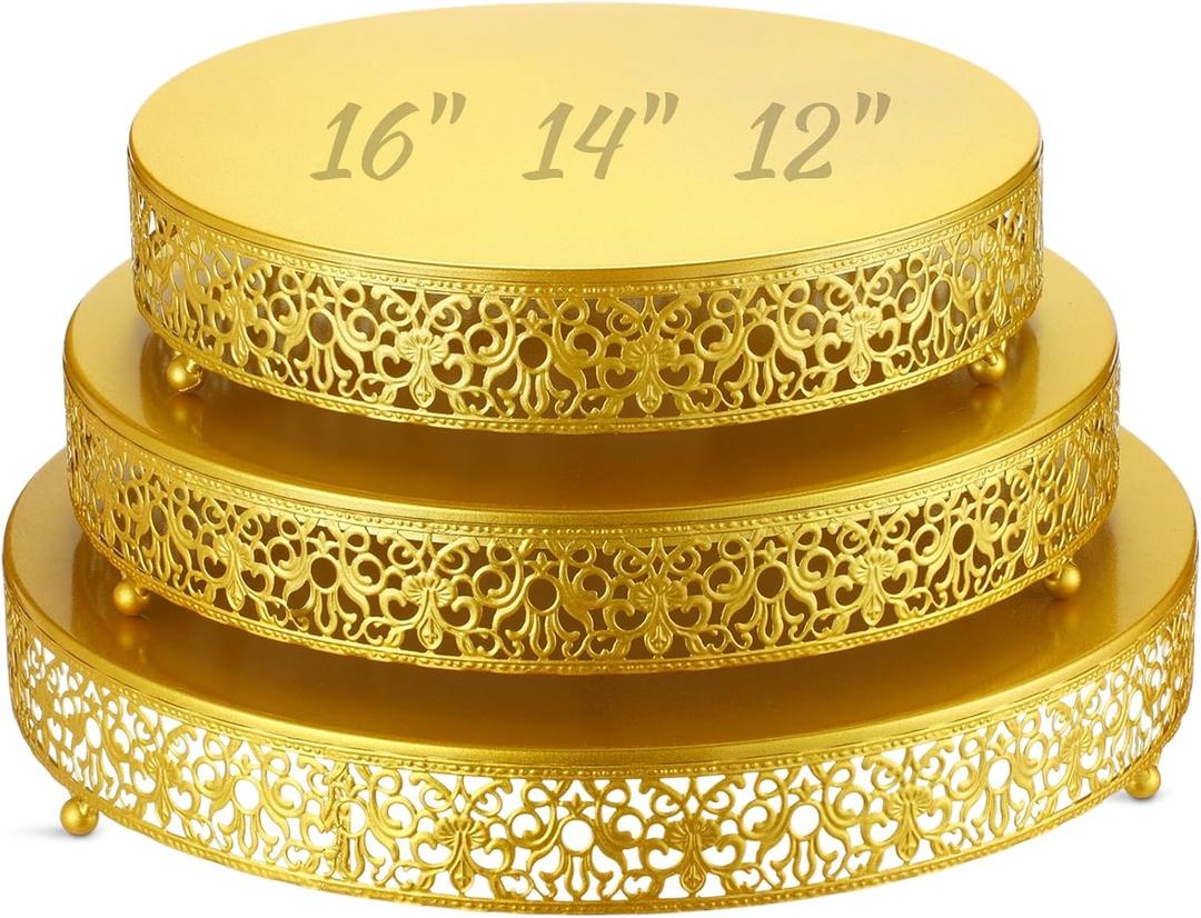 Wenqik 3 Pcs 16'' 14'' 12'' Metal Gold Cake Stand Round Cake Stands for Dessert Table Cookies Fruit Serving Tray Cupcake Dessert Pastry Riser for Wedding Birthday Party and Events