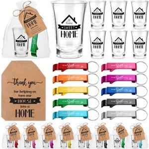 Roshtia 40 Sets Housewarming Party Favors for Guests Bottle Opener Keychains Bulk with Short Glasses for New Home Gifts Souvenirs (Glass)