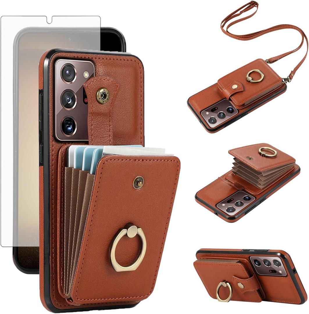 Asuwish Phone Case for Samsung Galaxy Note 20 5G Wallet Cell Cover with Screen Protector and Crossbody Strap Ring Stand RFID Credit Card Holder Note20 Notes 20s Twenty Not S20 Women Girls Brown