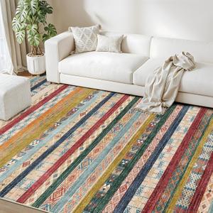 8x10 Washable Area Rug: Moroccan Large Neutral Boho Area Rug for Living Room & Bedroom Geometric Non-Slip Farmhouse Carpet for Living Room Red&Blue Colourful 8'x10'.