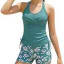 Girls Bathing Suits for Teens Size 12-14 V Neck Halterneck Stitch Swimsuit with Padded Juniors Summer Beach Green Daisy Tankini Swim Set 12-14 Year Big Girl Hawaii Beach Drawstring Shorts Swimwear