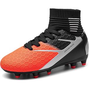 DREAM PAIRS Boys Girls Soccer Cleats Youth Firm Groud Outdoor Sport Athletic High Top Football Shoes for Little/ Big Kid, Size 2 Little Kid, Black/ Grey/ Orange 