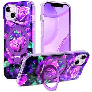 Shecaset for iPhone 13 & iPhone 14 Case, [Compatible with MagSafe] [Magnetic Invisible Ring Stand], Shockproof Protective Slim Fit for Women Girl for iPhone 13/14 Case, Purple Flower Cute