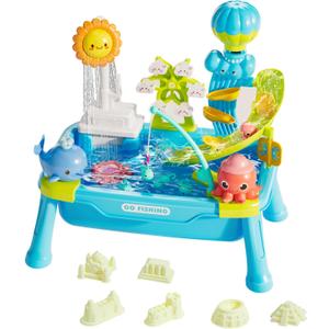 CUTE STONE Water Table for Toddlers with Electric Water Pump, Slides, Sand Molde, Play Sink, Fishing Game Table Summer Beach Outdoor Toys for Boys & Girls