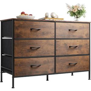 WLIVE Dresser for Bedroom with 6 Drawers, Wide Dresser TV Stand for 50 Inches TV, with Fabric Drawers, Metal Frame, Wooden Top, Storage Dressers for Bedroom, Hallway, Entryway, Rustic Brown