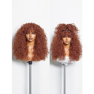 GORGIUS Veralux Blend Human Hair Ginger Curly Wig with Bangs Glueless Synthetic Curtain Bang Wigs with Realistic Scalp Put On and Go Beginner Friendly 20 Inch