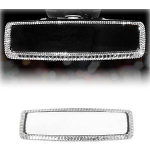 ZIMISI Bling Car Rear View Mirror, 10.51 Inch HD Glass Wide Angle Rearview Mirrors, Clip-on Crystal Diamond Panoramic Rear View Mirror Accessories, Bling Car Decorations for Women (Silver)