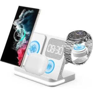 4 in 1 Wireless Charger with Alarm Clock Compatible for Galaxy Watch 8/7/Ultra/FE/6 Pro Galaxy S25/Ultra/S25+/S24/S23/Note 20/Z Flip 7/6/5 Fold 6 Galaxy Buds 3/2/Pro Multiple Devices Charging Station (white)