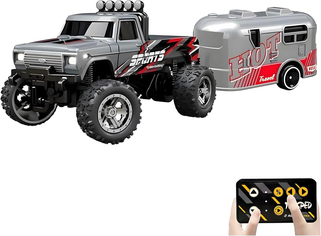 Mini Rc Truck, 1:64 Scale Monster Truck Remote Control Car with Lights, 2.4Ghz Remote Control, Mini Alloy Monster Truck Rc, Speed/Steering Adjustable (Grey)