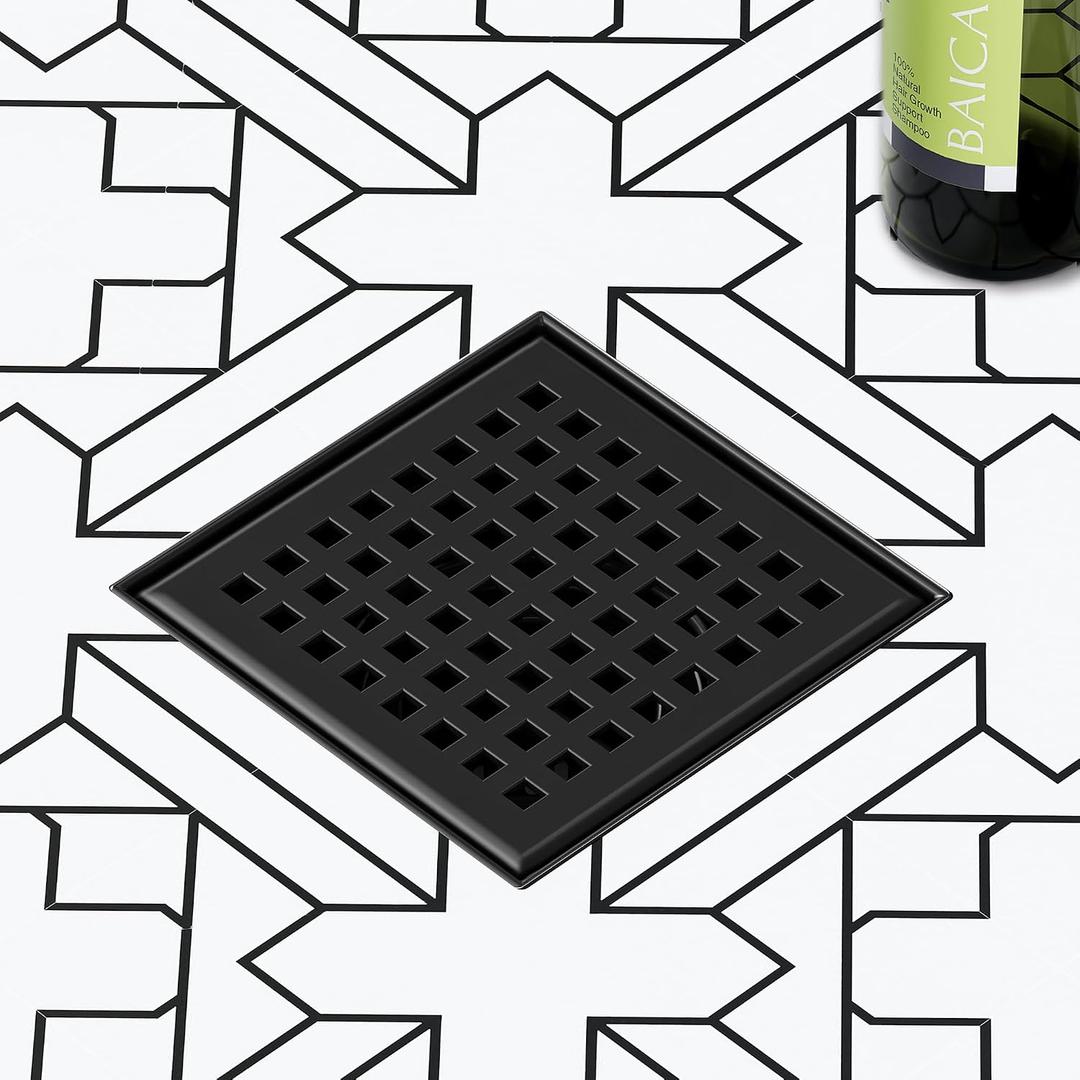 Neodrain 4 Inch Square Shower Drain with Removable Quadrato Pattern Grate, Matte Black 304 Stainless Steel Square Drain, with Watermark&CUPC Certified, Hair Strainer