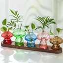 Glass Propagation Station for Plant: Mushroom Planter with Wooden Stand for Home Office Decor - Unique Propagation Jars for Plant Lovers - Set of 5 Hydroponic Mushroom Vases Gift for Mom