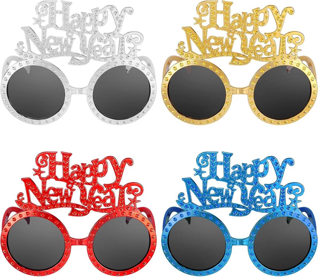2 x Happy New Year Metallic Glasses Shiny 2026 Party Eyeglasses for Adults & Kids Fun NYE Accessories & Photo Booth Props (Golden Silver Red Blue)
