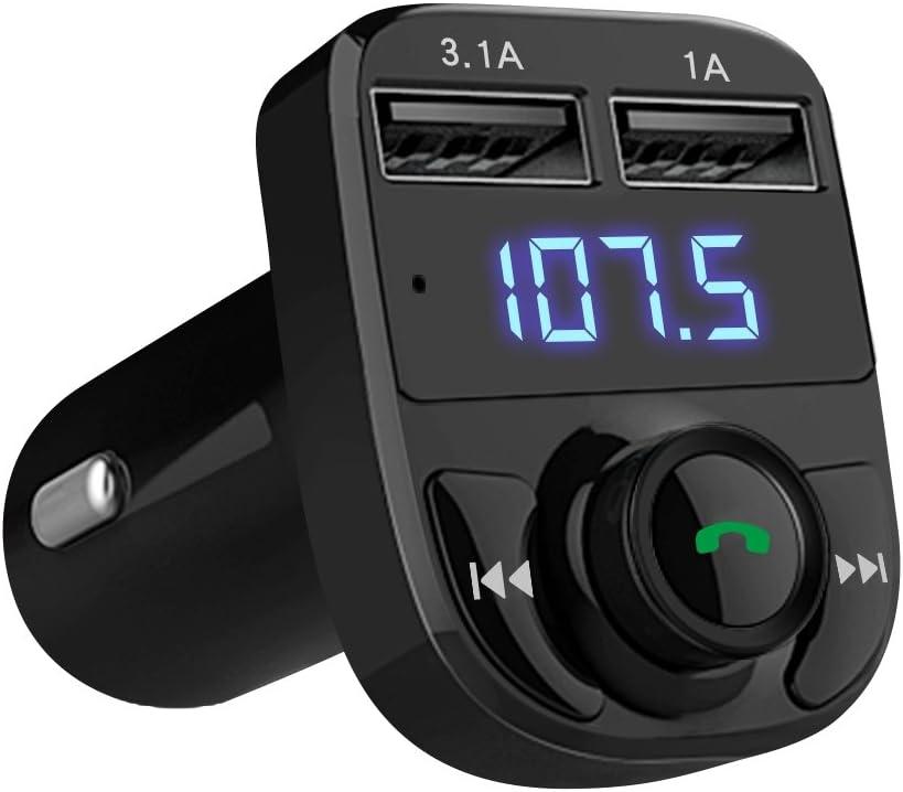 Handsfree Call Car Charger, Wireless Bluetooth 5.3 FM Transmitter Radio Receiver, MP3 Audio Music Adapter, Dual USB Ports, LED Show Voltage/FM Frequency, Compatible for iPhone Samsung Smartphones