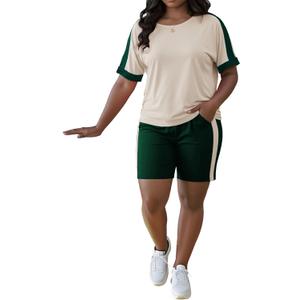 HBQ Women 2 Piece Outfits Summer Color Block Sweatsuits Track Suits Biker Shorts Workout Jogger Sets-Off White-M