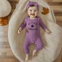 Noubeau Newborn Baby Girl Halloween Outfit Cutest Pumpkin Ribbed Romper Jumpsuit Headband Thanksgiving Clothes (Purple)