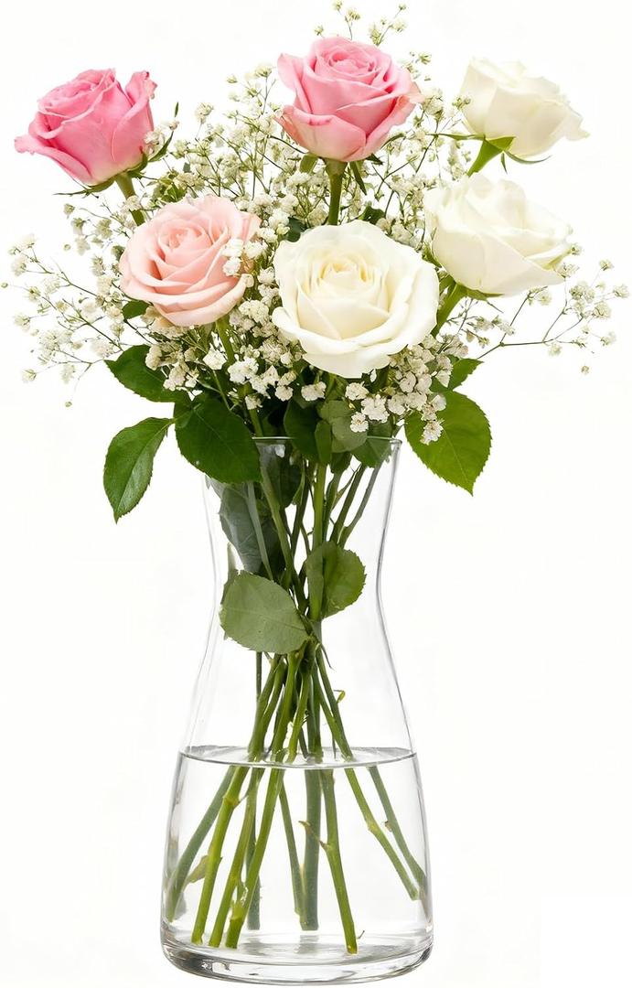 Clear Glass Vase 8 Inch, Round Borosilicate Clear Glass Flower Vase, Modern Boho Style Centerpiece Vase for Home Kitchen Wedding, Housewarming (Transparent)
