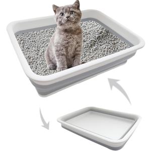 Collapsible Small Cat Litter Box, 14.6 x 10.6 x 4.8 inch Open Waterproof Low Entry Kitten Potty Pan Semi-Enclosed Pet Toilet for Sick Frail Kitty Grey