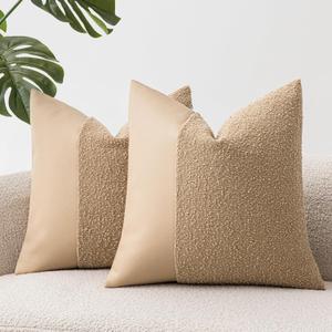Set of 2 Fluffy Boucle Pillow Covers 20"x20", Khaki Textured Throw Pillow Covers with Faux Leather Accents, Boho Decorative Pillow Cases for Couch, Bed, or Farmhouse Home Decor Khaki
