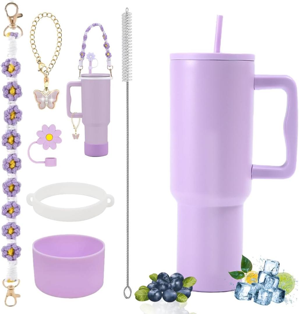 40 oz Tumbler with Handle Straw and Accessories, Drop & Abrasion Resistant, Vacuum Double-Layer Insulation, Ideal for Camping, Fitness, Outdoor Use (Lavender)