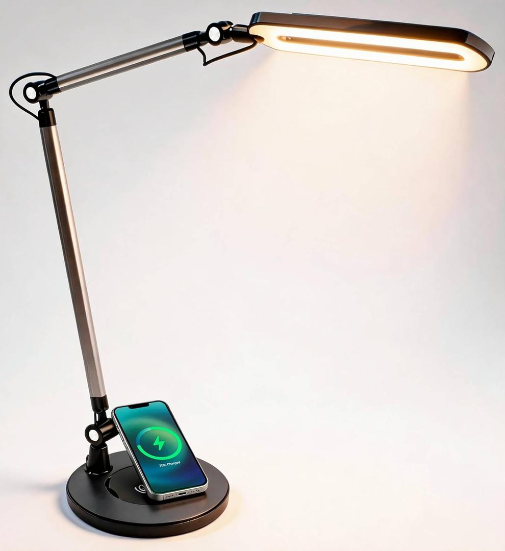 OTUS LED Architect Desk Lamp for Home Office with Wireless Charger, Adjustable Swing Arm, 32 in Tall, 11.8 in Panel, 3 Color Modes, 12 Dimmable Levels, Eye-Caring for Reading, Study, Video Calls