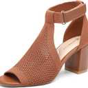 NEWBELLA Women's Knit Ankle Strap Sandals - Open Toe Block Heel Pumps, Breathable Comfortable Summer Heels for Casual Outings, Brown 8.5