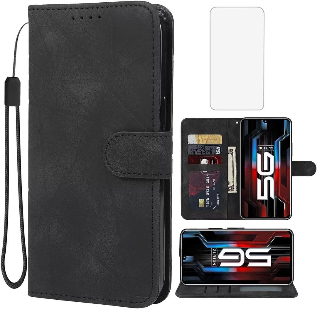Wanyuexes Case for Redmi Note 12 5G Case/Poco X5 5G 22111317I Wallet Case with Tempered Glass Screen Protector, Leather Flip Credit Card Holder Stand Phone Cover for Xiaomi Redmi Note 12 5G Black