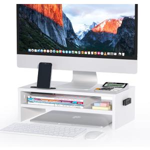 BONTEC Wooden Monitor Stand Riser, 2-Tier Desk Shelf with Storage Organizer, Ergonomic Computer Stand with Cable Management, Cellphone Holder, White, 16.5 Inch