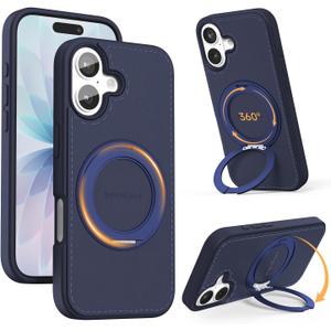 for iPhone 17 Case [360 Rotatable Stand][17FT Military-Grade Drop Protection][Premium PU Leather] Tactile Clicking Sound Slim Magnetic Kickstand iPhone 17 Cover, Blue
