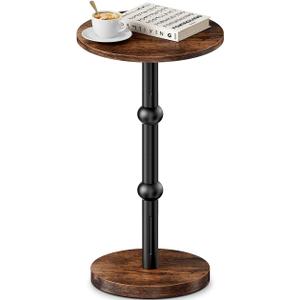 Drink Table, Small Round Side Table for Small Spaces, Modern Accent Round End Tables with Metal Leg, Thickened Wood Pedestal Coffee Tables for Living Room, Bedroom, Narrow Corners,Sofa Couch (Rustic Brown)