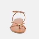 Riekhany Strappy Flat Sandals for Women Summer Round Toe Metal Bead Flip Flop Sildes with Ankle Buckle Strap Beach Flats Shoes (Brown)