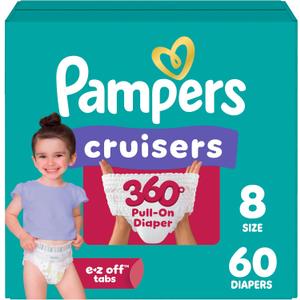 Pampers Diapers - Cruisers 360 degrees - Size 8,60 Count, up to 100% Leakproof Fit, Designed for Active Babies, Pull On Diaper, EZ Off Tabs Designed for Easy Changes