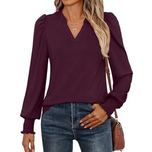 ANRABESS Women's Puff Long Sleeve Shirts V Neck Loose T-Shirts Dressy Casual Work Blouses 2025 Fall Tops Trendy Clothes Size L
