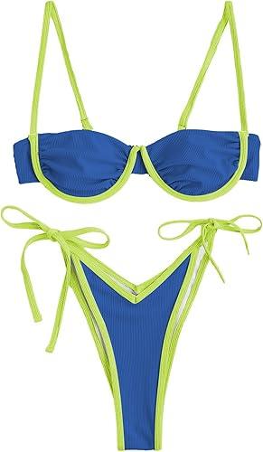 ZAFUL Women's Underwire Bikini Color Block Swimsuit Two Piece String Bikini Set Ribbed Frilled Bathing Suit(2-Royal blue,S)