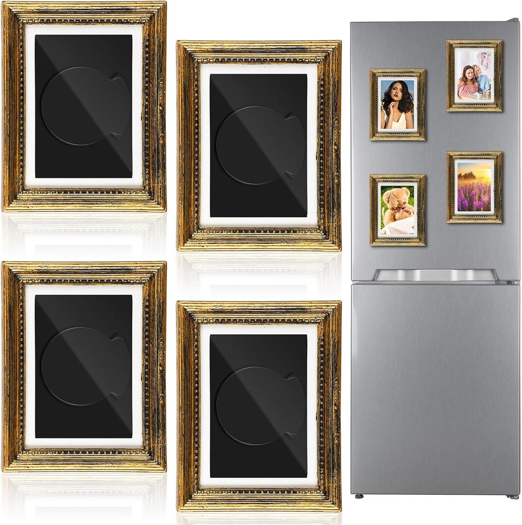 Geelin 4 Pcs Refrigerator Magnetic Vintage Frame 3.66 x 2.95 Inch Small Vintage Refrigerator Magnets Picture Frames Mini Antique Ornate Gold Photo Frame Insert for Photos Painting Stuck on Fridge