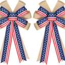 2 Pcs 4th of July Decor Bow for Wreath,Red White Blue Stripe Stars and Burlap Tree Topper Bows for Patriotic,Independence Day,Memorial Day,Veteran's Day,Outdoor Decorations