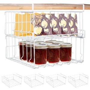 Hanging Under Shelf Storage Basket, 4 Pack Foldable Under Cabinet Metal Desk Storage Wire Rack Organizer for Kitchen Pantry Bookshelf Office Home, Easy to Install Slide-in Under Shelves (White)