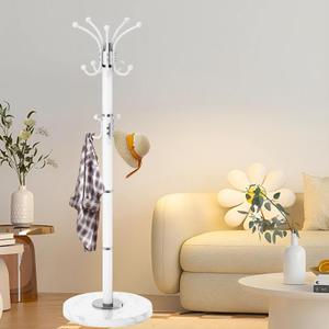 Metal Heavy Duty Coat Rack Stand, Modern 360 Roraty Freestanding Coat Rack with Natural Marble Base, White Coat Racks Hall Tree Hanger Stand with 16 Hooks for Entryway, Office