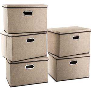 Extra Large Collapsible Storage Bins with Lids [5-Pack] Linen Fabric Foldable Storage Baskets Boxes Organizer Containers Cube with Cover for Bedroom Closet Office Nursery (22.8x15.75x13.8)