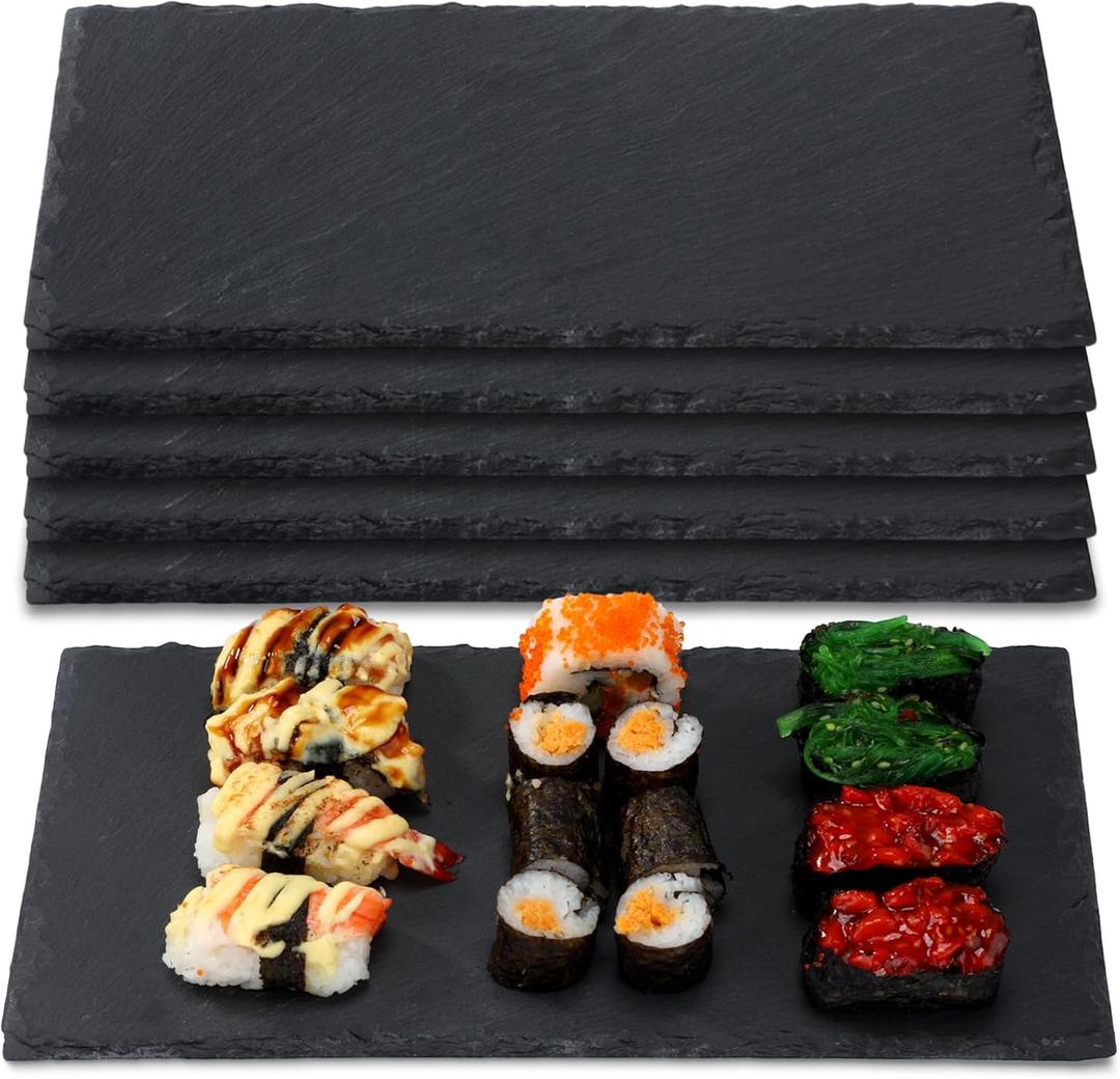 Hoolerry 6 Pcs 11.8 x 5.9 Inch Slate Charcuterie Boards Bulk, Mini Slate Cheese Board Black Sushi Platters Individual Stone Serving Tray Plates for Food, Appetizers, Cheese, Meat, Party