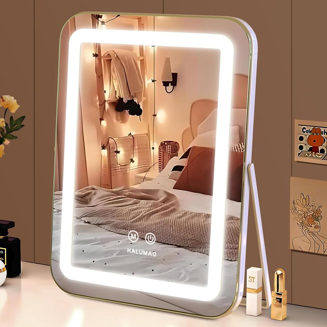 halumao Vanity Mirror with Lights, 14.5" Light Up Makeup Mirror, LED Makeup Mirror with Lights for Bedroom Tabletop, Smart Touch Control 3 Colors Dimmable, 360 Rotation