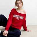 UNIQUEONE Christmas Sweatshirts for Women off Shoulder: Merry Crewneck Sweater Xmas Long Sleeve Pullover Top (Medium, Red)