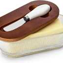Butter Dish with Lid, Glass Butter Container for Countertop, Butter Keeper Holder with Wood Lid and Knife for East West Coast Butter Stick, Kitchen Counter Dcor (Dark and Stripe)
