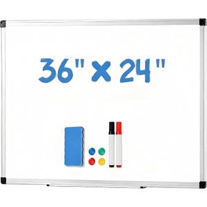 NEWBULIG White Board, 36" x 24" Magnetic Dry Erase Board for Wall with 1 Dry Eraser & 2 Multi-Color Markers & 4 Magnetic Pins, Silver Aluminum Frame for Office, Home, School, White