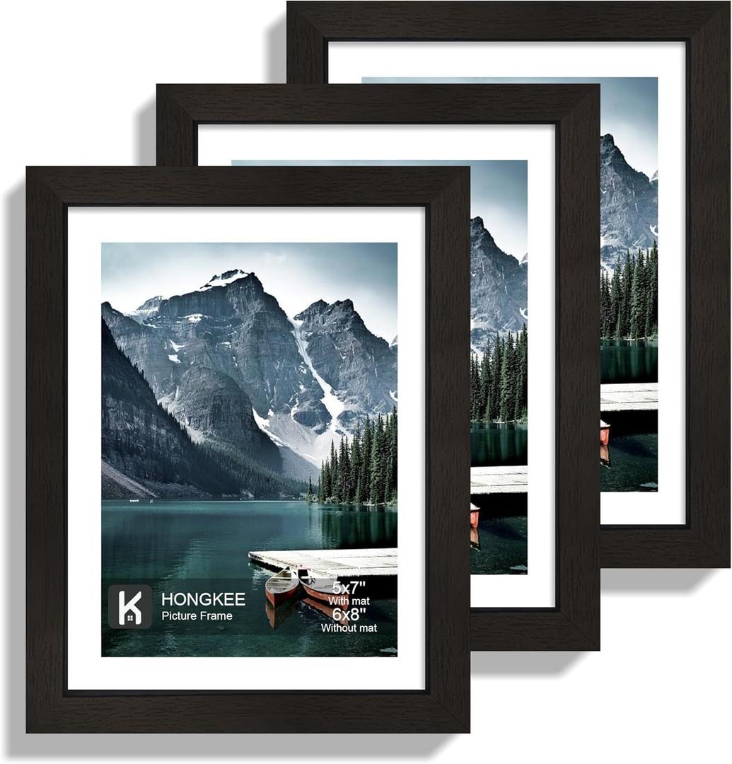 Hongkee 6x8 Picture Frame with Real Glass - Display Pictures 5x7 with Mat or 6 x 8 without Mat, Photo Frame for Wall or Table Top Display(Black, 3 Pack)