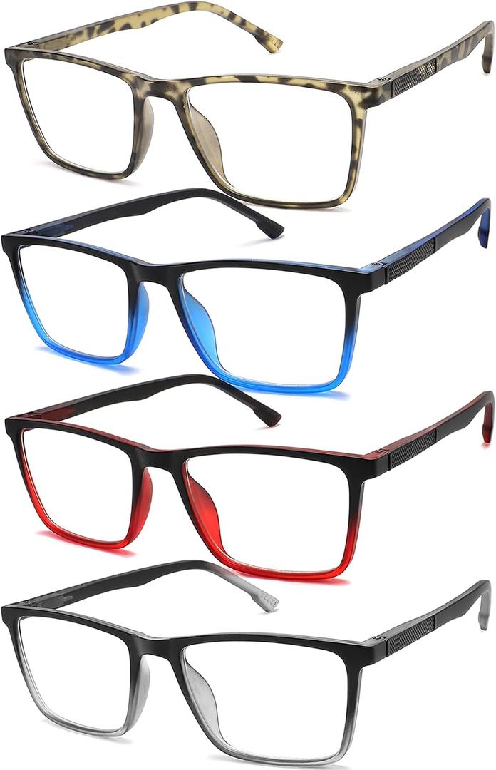 READITEASY Reading Glasses Men Blue Light Blocking 4 Pack, Wide Computer Readers for Men with Spring Hinge Reduce Eyestrain/UV/Dryness, Square Large Trendy Eyeglasses 1.0