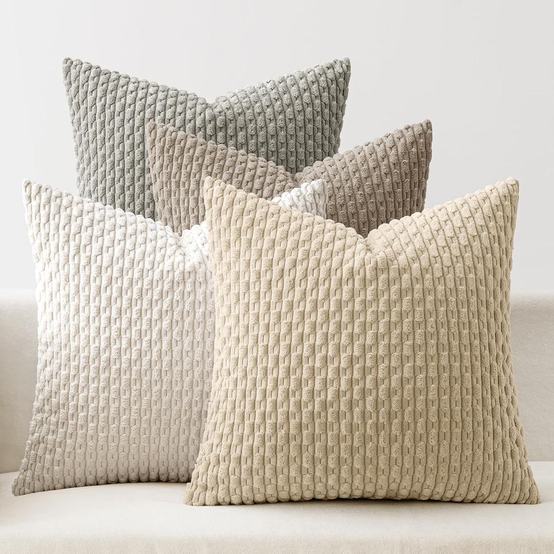 MIULEE Throw Pillow Covers Soft Couch Decorative Set of 4 Boho Striped Cushion Corduroy Pillowcases Farmhouse Rustic Mid Modern Home Decor for Couch Bed Sofa Living Room 18x18 Inch Neutral Harmony
