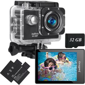 Action Camera FHD 1080P with 32GB Card, 98FT/30M Underwater Waterproof Camera with 2 Rechargeable Batteries, Wide Angle Sports Camera with Accessories Kit Suitable for Helmet, Bicycle, etc.