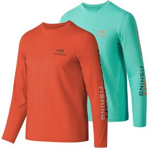 BASSDASH Youth Fishing T Shirts UPF 50+ Long Sleeve Performance UV Protection Tee for Boys Girls, Pack of 2 (X-Large, Coral Red & Aqua Green)