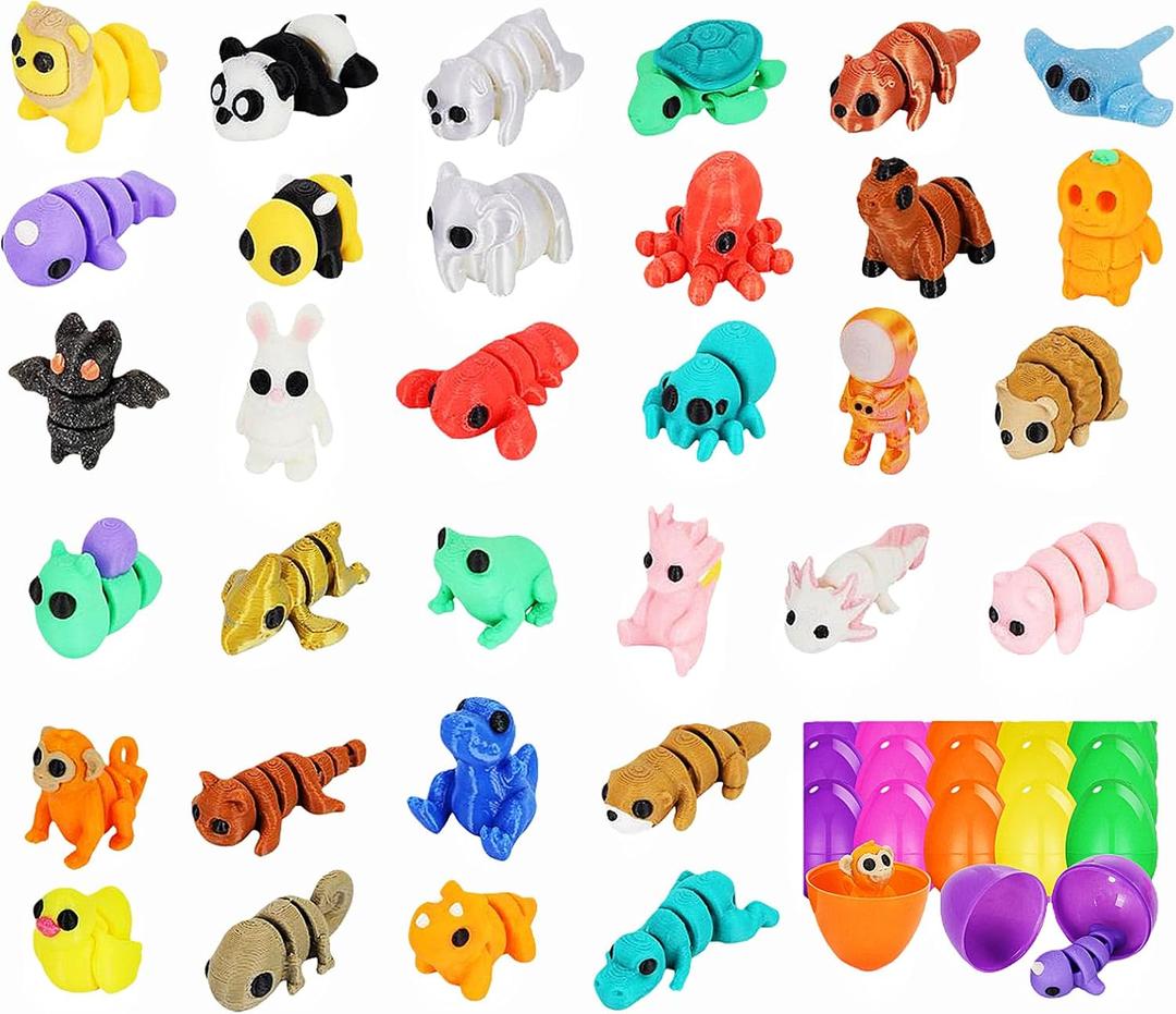 2 x 32-Piece 3D Printed Animal Figures with Surprise Eggs, Articulated Mini Fidget Toys, Poseable Desk Pets and Tiny Animal Figurines for Party Favors, Classroom Prizes, Gifts and Display
